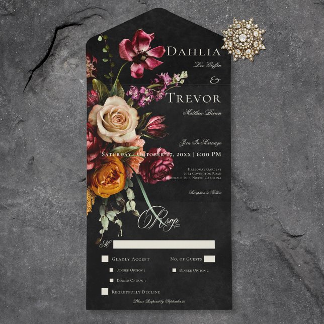 Dark Elegant Autumn Floral Wedding Dinner All In One Invitation (Dark Elegant Autumn Floral Wedding Dinner All In One Invitation)