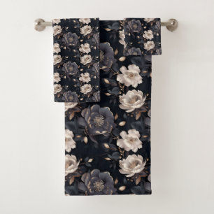 Dark Elegant Black And Cream Peony Floral Vintage Bath Towel Set