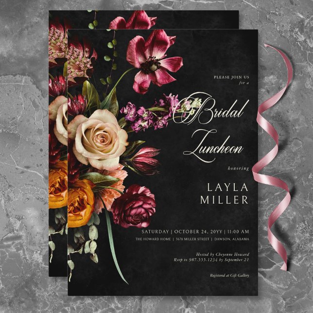 Dark Elegant Black Autumn Floral Bridal Luncheon Invitation (Dark Elegant Black Autumn Floral Bridal Luncheon Invitation)