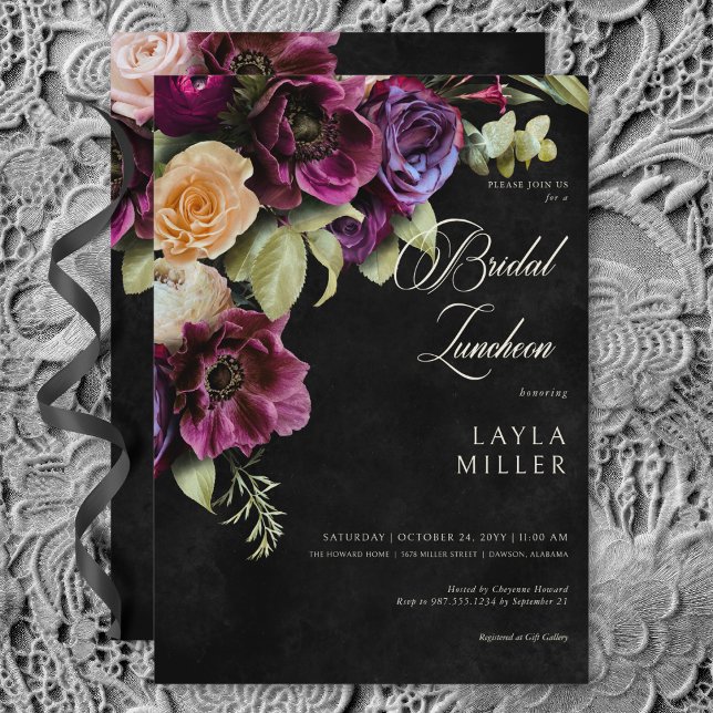 Dark Elegant Black Dramatic Floral Bridal Luncheon Invitation (Dark Elegant Black Dramatic Floral Bridal Luncheon Invitation)