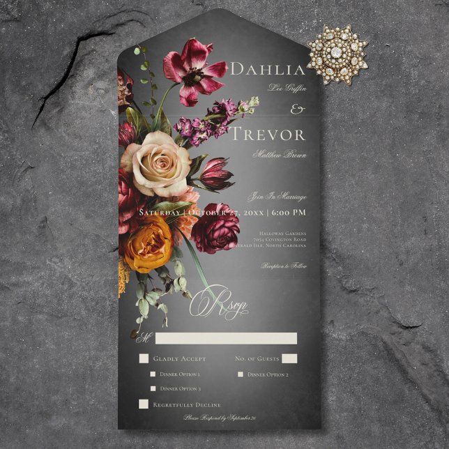 Dark Elegant Blur Autumn Floral Wedding Dinner All In One Invitation (Creator Uploaded)