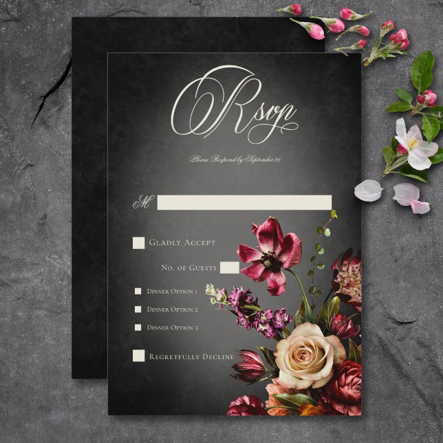 Dark Elegant Blur Autumn Floral Wedding Dinner RSVP Card (Dark Elegant Blur Autumn Floral Wedding Dinner RSVP Card)