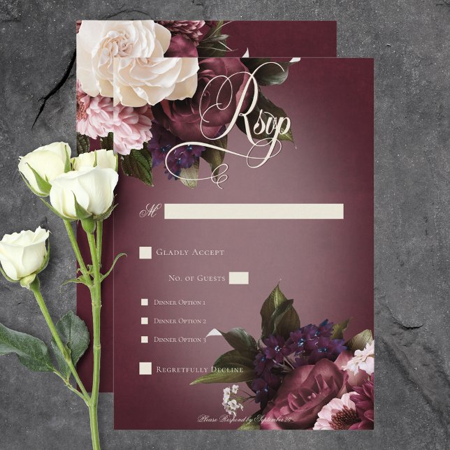 Dark Elegant Burgundy & Cream Blur Floral Dinner RSVP Card (Dark Elegant Burgundy & Cream Blur Floral Dinner RSVP Card)