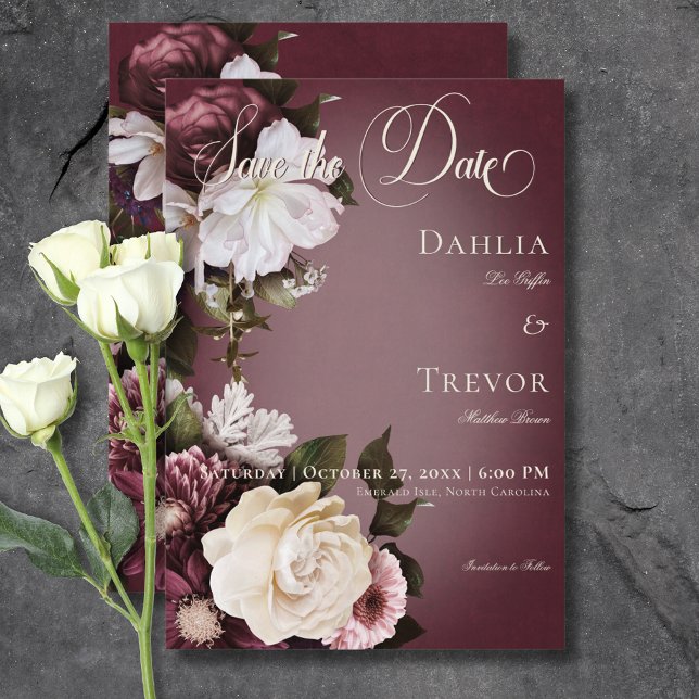 Dark Elegant Burgundy & Cream Blur Floral Wedding Save The Date (Dark Elegant Burgundy & Cream Blur Floral Wedding Save The Date Card)