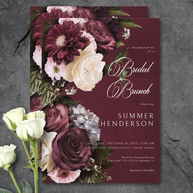 Dark Elegant Burgundy & Cream Floral Bridal Brunch Invitation (Dark Elegant Burgundy & Cream Floral Bridal Brunch Invitation)