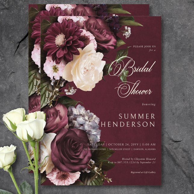 Dark Elegant Burgundy & Cream Floral Bridal Shower Invitation (Dark Elegant Burgundy & Cream Floral Bridal Shower Invitation)