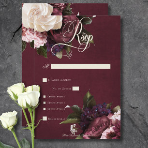 Dark Elegant Burgundy & Cream Floral Dinner RSVP Card