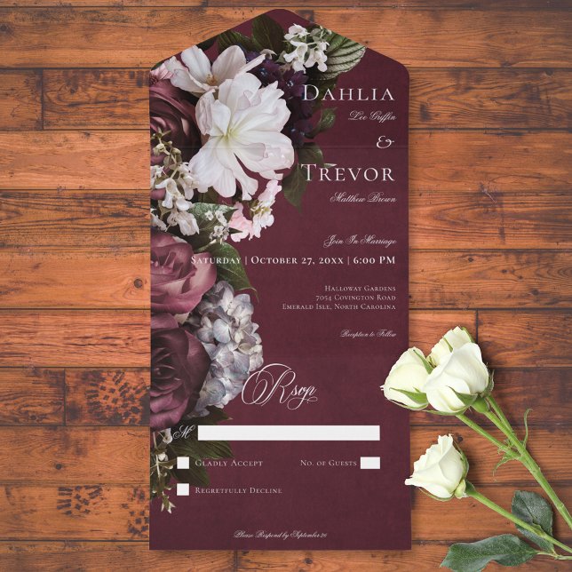 Dark Elegant Burgundy & Cream Floral No Dinner All In One Invitation (Dark Elegant Burgundy & Cream Floral No Dinner All In One Invitation)
