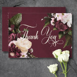 Dark Elegant Burgundy & Cream Floral Wedding Thank You Card<br><div class="desc">Step into a realm of exquisite elegance with our floral dark and moody wedding details enclosure card. Designed to captivate the senses, this invitation boasts a striking burgundy background adorned with a breathtaking burst of rich burgundy and cream roses, pale lavender grey hydrangeas, and other mixed florals in soft white...</div>