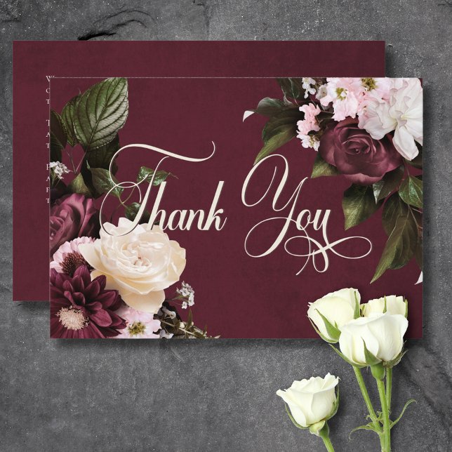 Dark Elegant Burgundy & Cream Floral Wedding Thank You Card (Dark Elegant Burgundy & Cream Floral Wedding Thank You Card)
