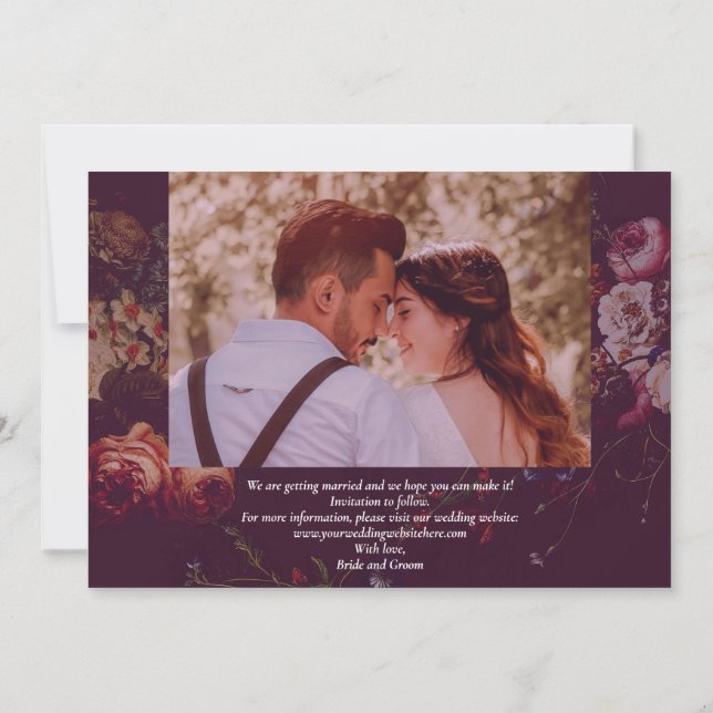 Dark Elegant Burgundy Moody Floral  Save The Date (Back)