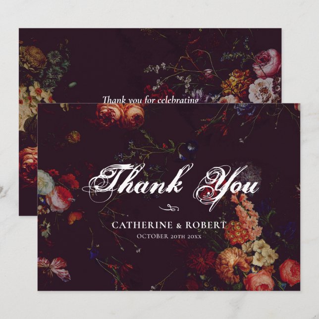 Dark Elegant Burgundy Moody Floral   Thank You Card (Front/Back)
