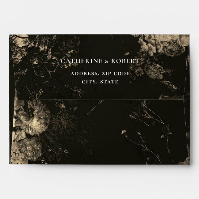 Dark Elegant Burgundy Moody Gold Beige Floral Envelope (Back (Top Flap))