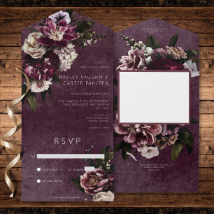Dark Elegant Burgundy & White Floral No Dinner All In One Invitation