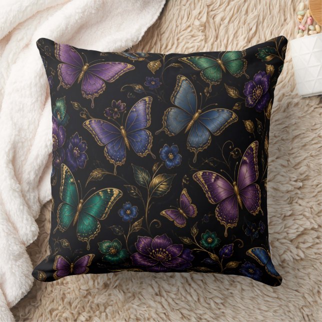 Dark Elegant Butterfly Pattern Throw Pillow (Blanket)