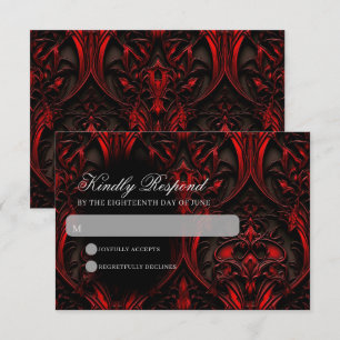Dark Elegant Red & Black Gothic Damask Wedding RSVP Card