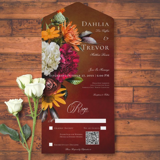 Dark Elegant Summer Sunset Floral QR Code All In One Invitation (Dark Elegant Summer Sunset Floral QR Code All In One Invitation)