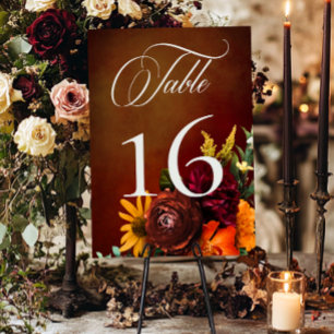 Dark Elegant Summer Sunset Floral Wedding Table Number