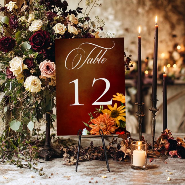 Dark Elegant Summer Sunset Floral Wedding Table Number (Creator Uploaded)