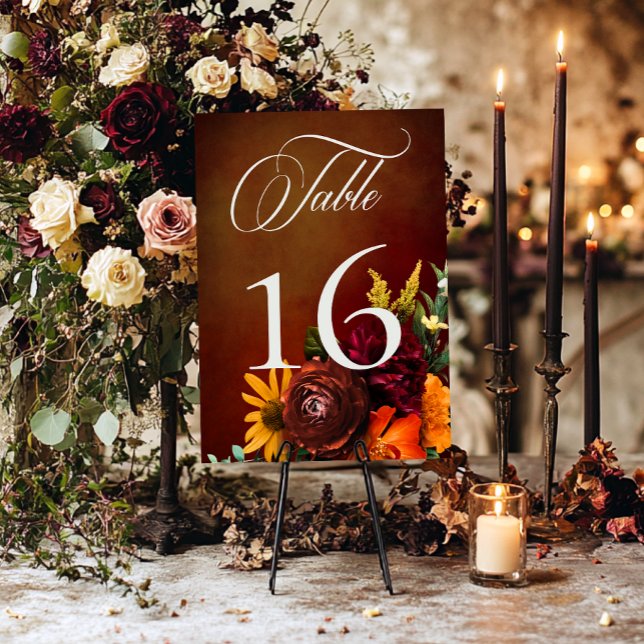 Dark Elegant Summer Sunset Floral Wedding Table Number (Creator Uploaded)