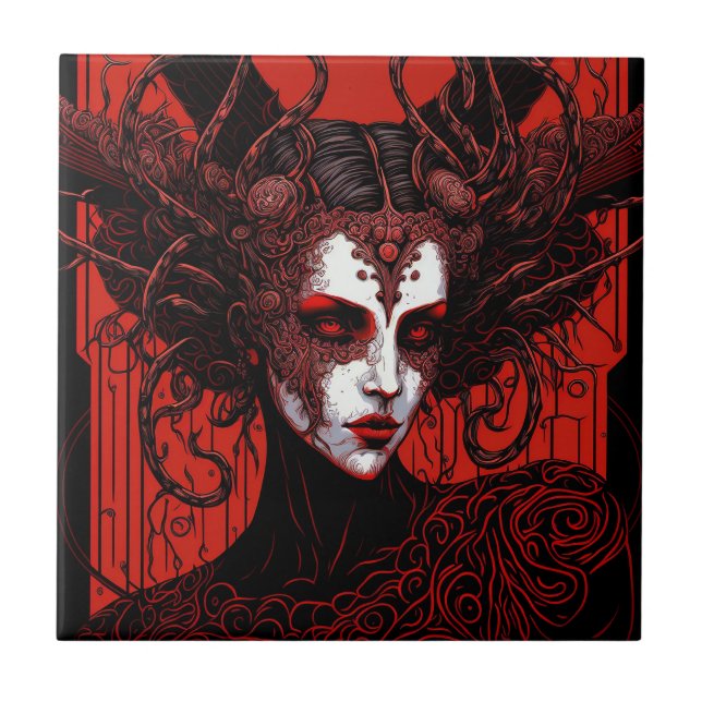 Dark Elf Demon Red Black Fantasy Art Ceramic Tile (Front)