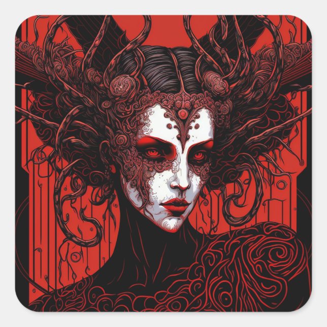 Dark Elf Demon Red Black Fantasy Art Square Sticker (Front)