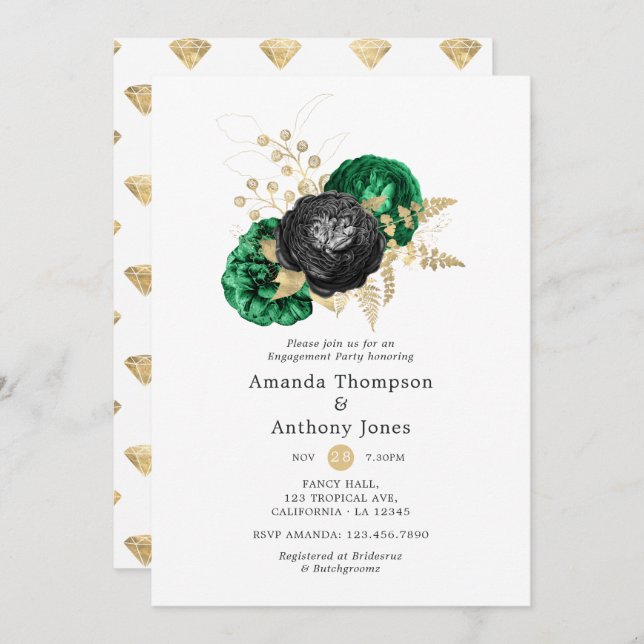 Dark Emerald and Gold Floral Engagement Party Invitation (Front/Back)