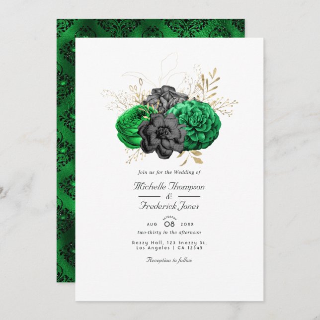 Dark Emerald and Gold Floral QR Code RSVP Wedding Invitation (Front/Back)