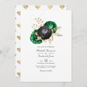 Dark Emerald and Gold Floral QR Code RSVP Wedding Invitation