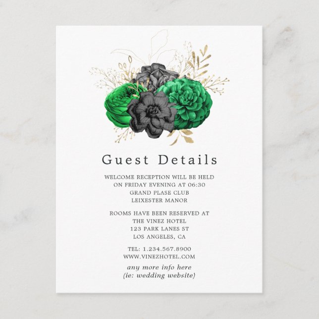 Dark Emerald and Gold Floral Wedding Guest Details Enclosure Card (Front)
