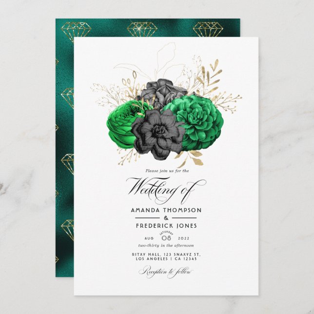 Dark Emerald and Gold Floral Wedding Invitation (Front/Back)