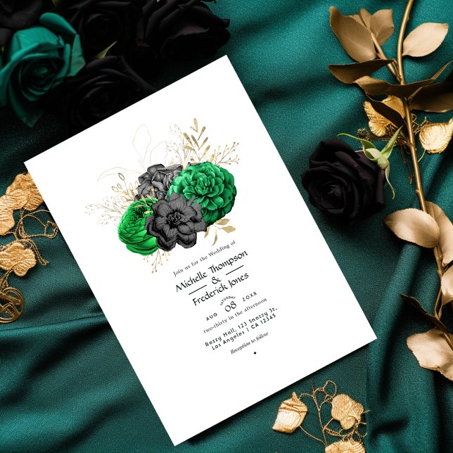 Dark Emerald and Gold Floral Wedding Invitation (Creator Uploaded)