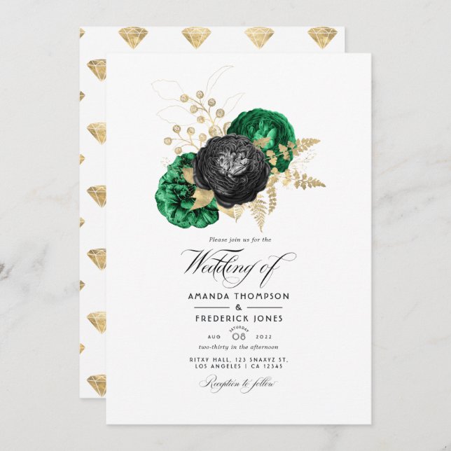 Dark Emerald and Gold Floral Wedding Invitation (Front/Back)
