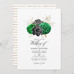 Dark Emerald and Gold Floral Wedding Photo Invitation