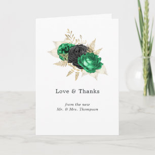 Dark Emerald and Gold Floral Wedding Photo Thank You Card