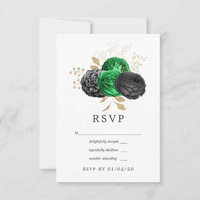 Dark Emerald and Gold Floral Wedding RSVP Card (Front)