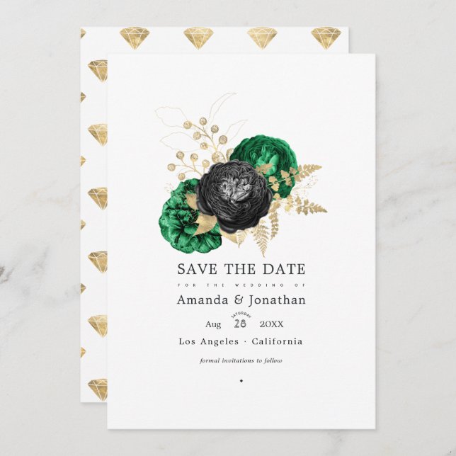 Dark Emerald and Gold Floral Wedding Save The Date (Front/Back)