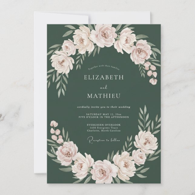 Dark Emerald Blossom Wedding Invitation (Front)