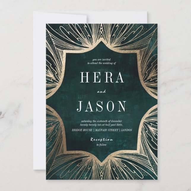 Dark Emerald Green and Faux gold Art Nouveau Invitation (Front)