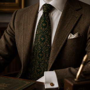 Dark Emerald Green and Gold Bee Botanical Tie