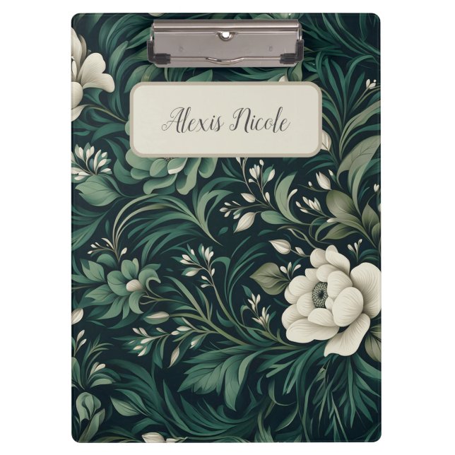 Dark Emerald Green Floral Clipboard (Front)