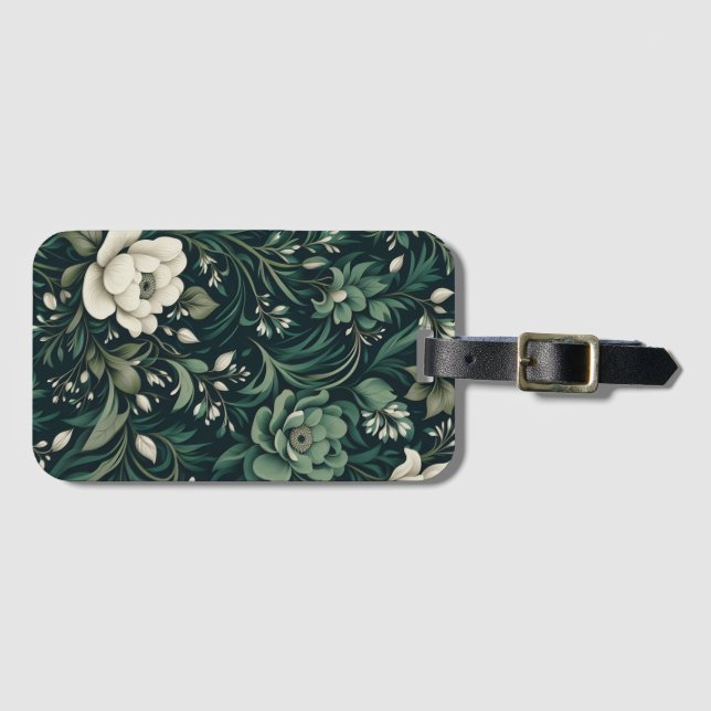 Dark Emerald Green Floral Luggage Tag (Front Horizontal)