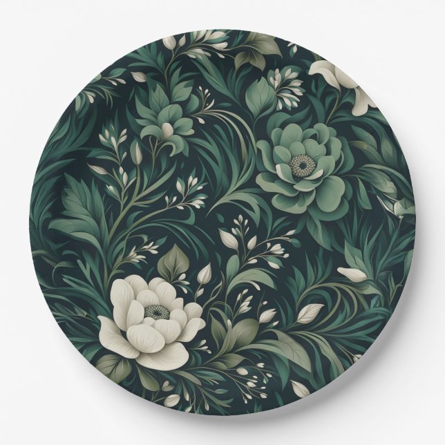 Dark Emerald Green Floral Paper Plate (Front)