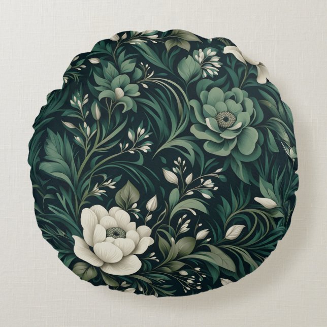 Dark Emerald Green Floral Round Cushion (Front)