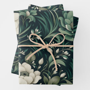 Dark Emerald Green Floral Wrapping Paper Sheet