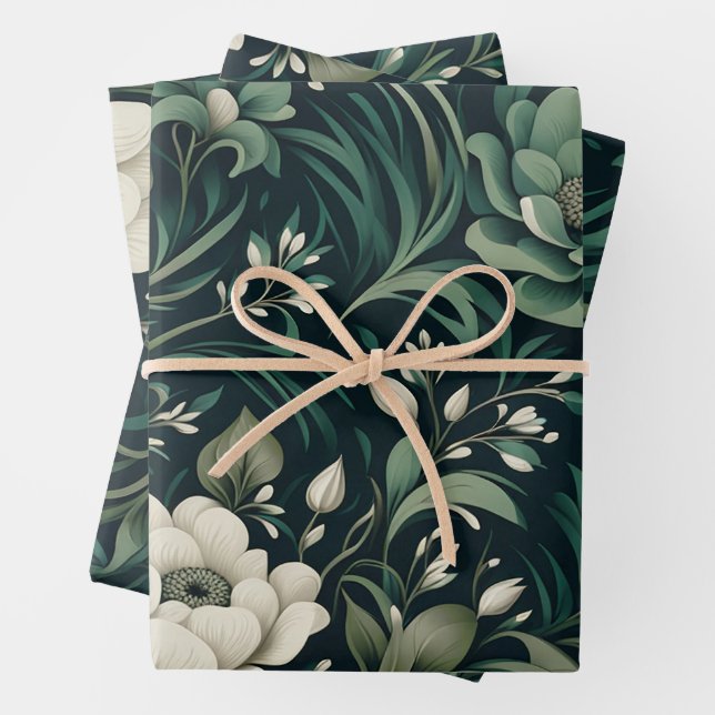 Dark Emerald Green Floral Wrapping Paper Sheet (In situ)