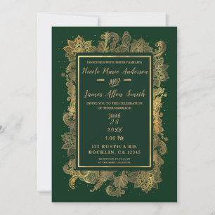 Dark Emerald Green & Gold Elegant Floral Wedding Invitation