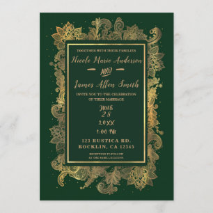 Dark Emerald Green & Gold Elegant Floral Wedding Invitation