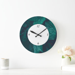 Dark emerald green ivy leaves water drop w numbers large clock