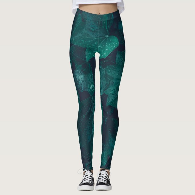 Dark emerald green ivy leaves water drops leggings (Front)